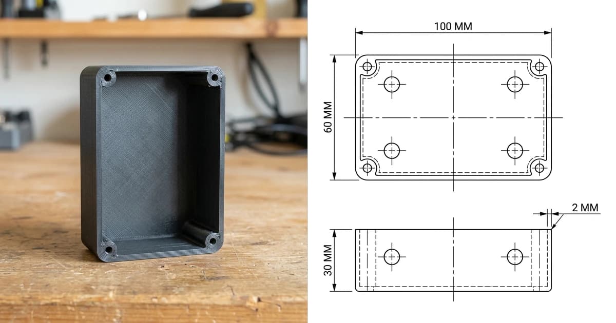 A photo of a 3D printed project enclosure box on a workbench on the left and the dimensioned two-view drawing generated from it on the right: 100 by 60 mm, 30 mm tall, 2 mm walls