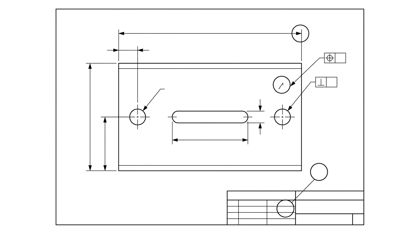 A dimensioned technical drawing with three spots circled: a dimension line with no value, a blank title-block cell, and a mismatched symbol