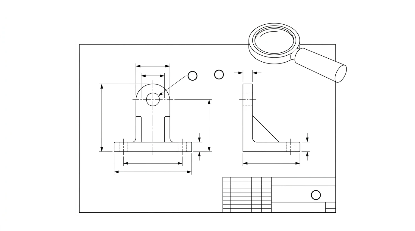 A technical drawing of a bracket with a magnifying glass hovering over it and a few spots circled as if flagged for review