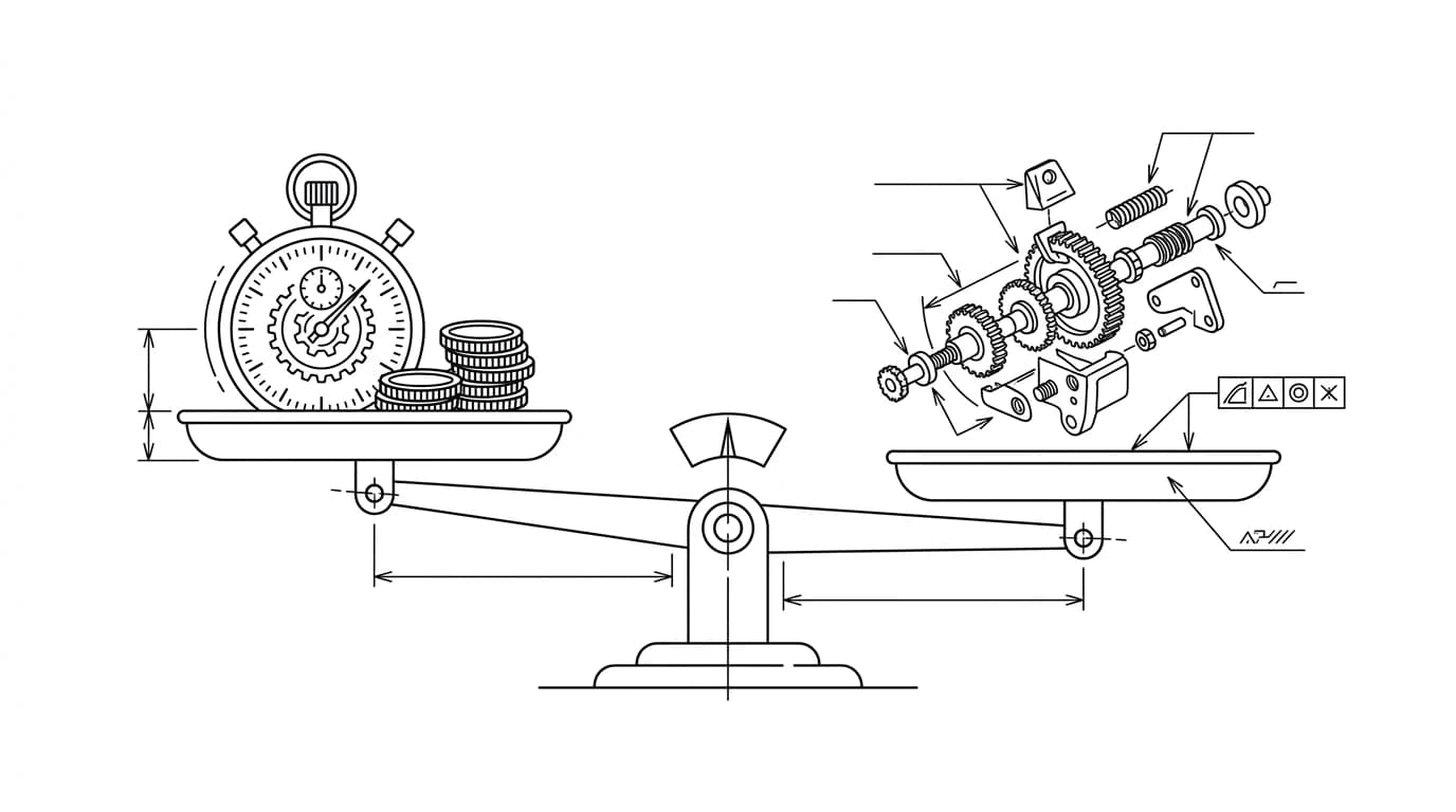 A balance scale weighing speed and low cost on one side against complexity and engineering judgement on the other