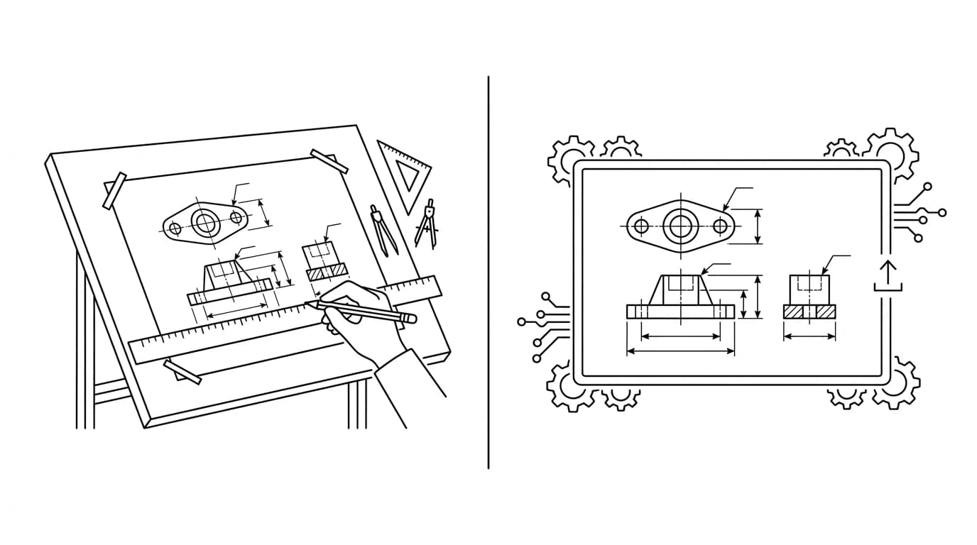 A drafting board with a hand and pencil on one side and an automated drawing panel on the other, the two ways to get a technical drawing made