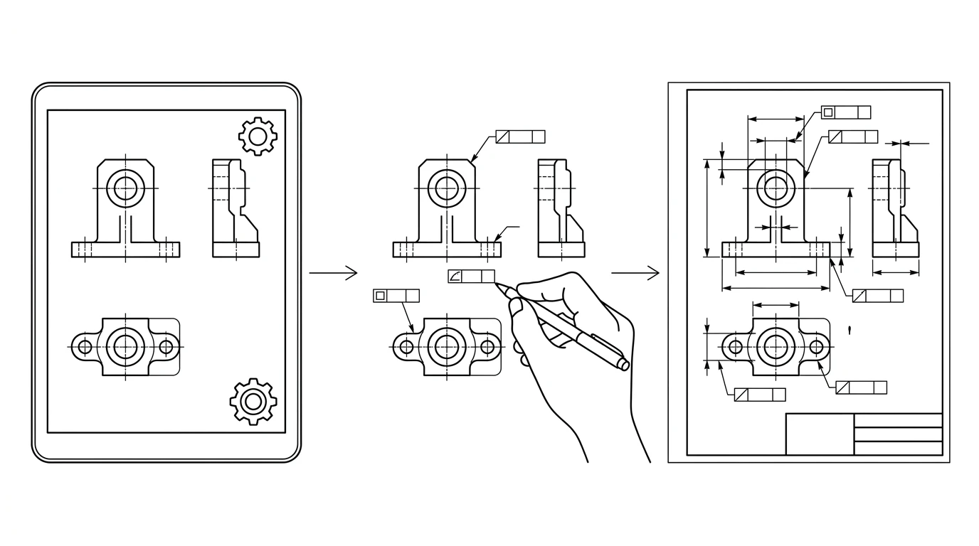 A three-stage workflow: an AI panel generating a draft drawing, a hand adding tolerance frames and callouts, and the finished annotated drawing with a title block