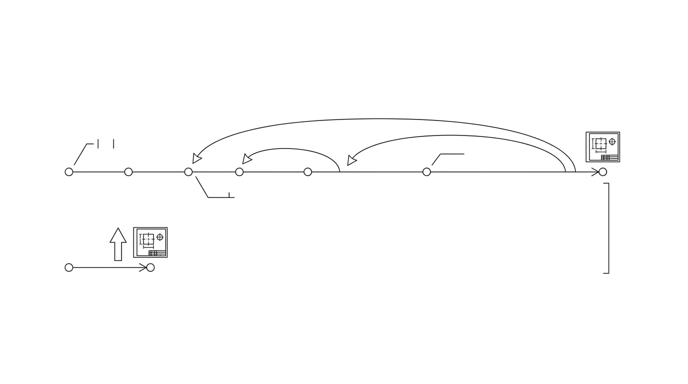 Two timelines compared: a long one with several milestones and revision loop-backs, and a short one that reaches the finished drawing almost instantly