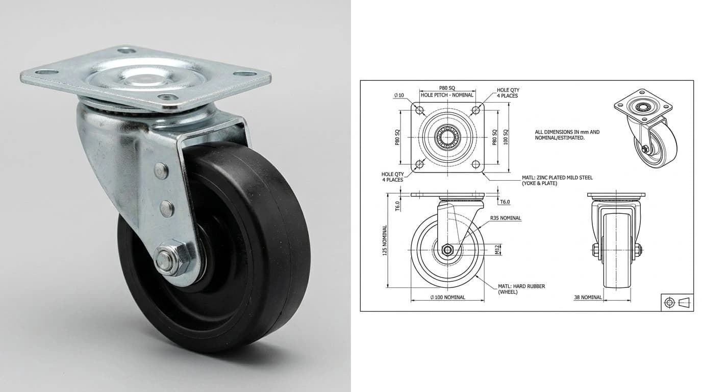 A photo of a swivel caster wheel on the left and its AI-reconstructed CAD drawing on the right, with a dimensioned front view, the mounting plate bolt holes, the swivel yoke and the wheel diameter