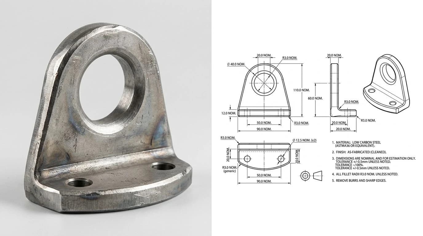 A photo of a steel lifting hook eye plate on the left and the same part as an AI-generated dimensioned CAD technical drawing on the right, with front and side views, the eye hole, bolt holes and dimension callouts