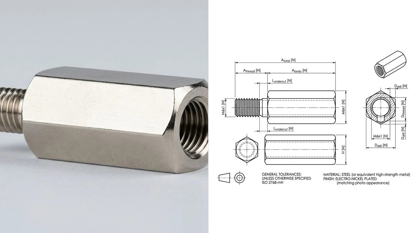 A photo of a machined hex standoff spacer on the left and its AI-reconstructed CAD drawing on the right, with a dimensioned side view, the hex flats, thread callouts and an end view
