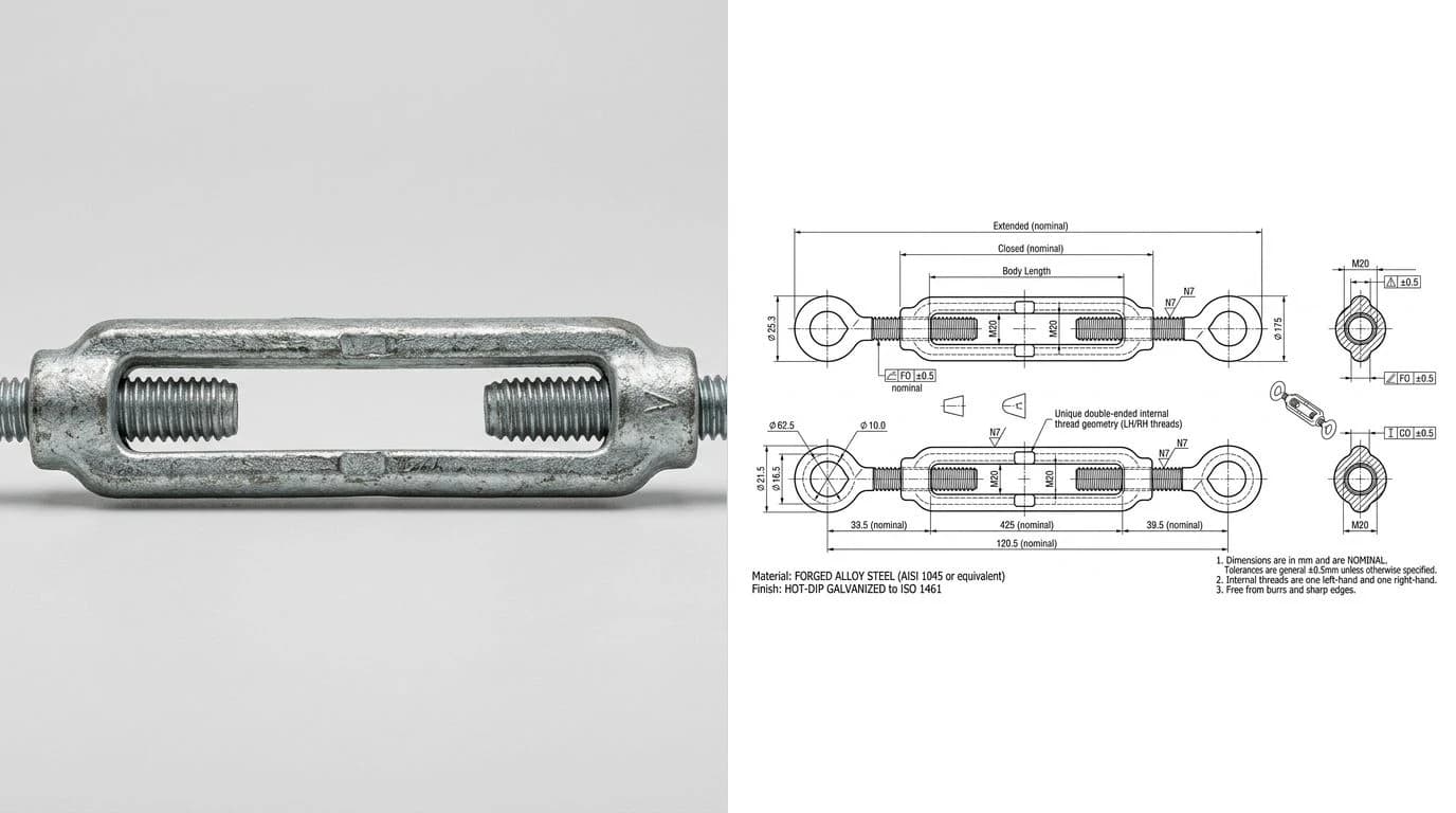 A photo of a steel rigging turnbuckle on the left and its AI-reconstructed CAD drawing on the right, with a dimensioned side view, the body frame, the threaded eye bolts at each end and length callouts