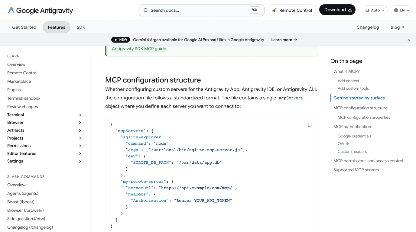 Antigravity's MCP configuration structure section: one mcpServers object, with a local server defined by command, args and env, and a remote one by serverUrl and headers