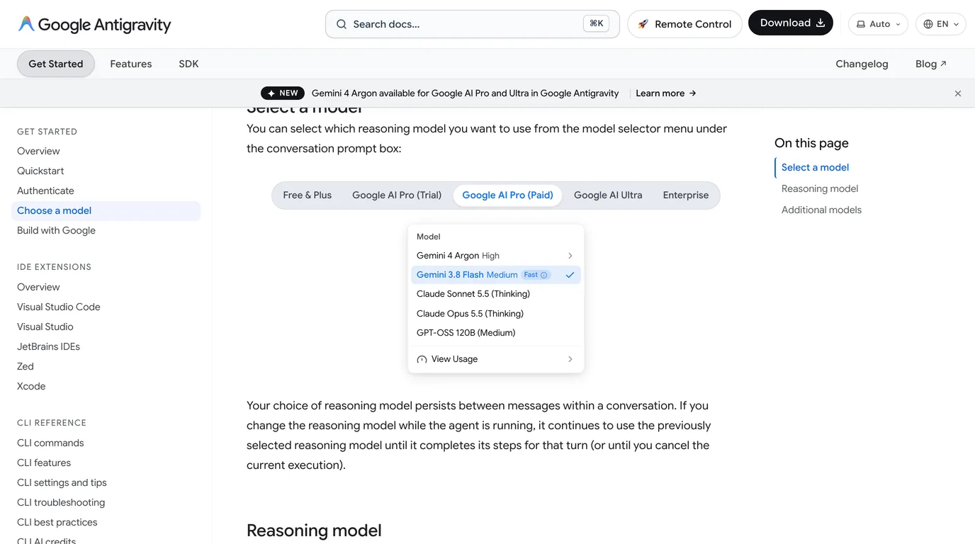 Antigravity's Choose a model page with the Google AI Pro (Paid) tab selected, showing a model menu with Gemini 4 Argon High at the top, then Gemini 3.8 Flash, Claude Sonnet 5.5, Claude Opus 5.5 and GPT-OSS 120B, under a banner reading Gemini 4 Argon available for Google AI Pro and Ultra in Google Antigravity