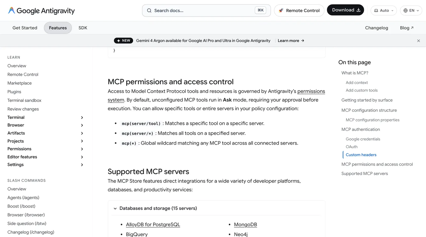 Antigravity's MCP permissions and access control section: by default, unconfigured MCP tools run in Ask mode, requiring your approval before execution, with allow rules mcp(server/tool), mcp(server/*) and mcp(*)