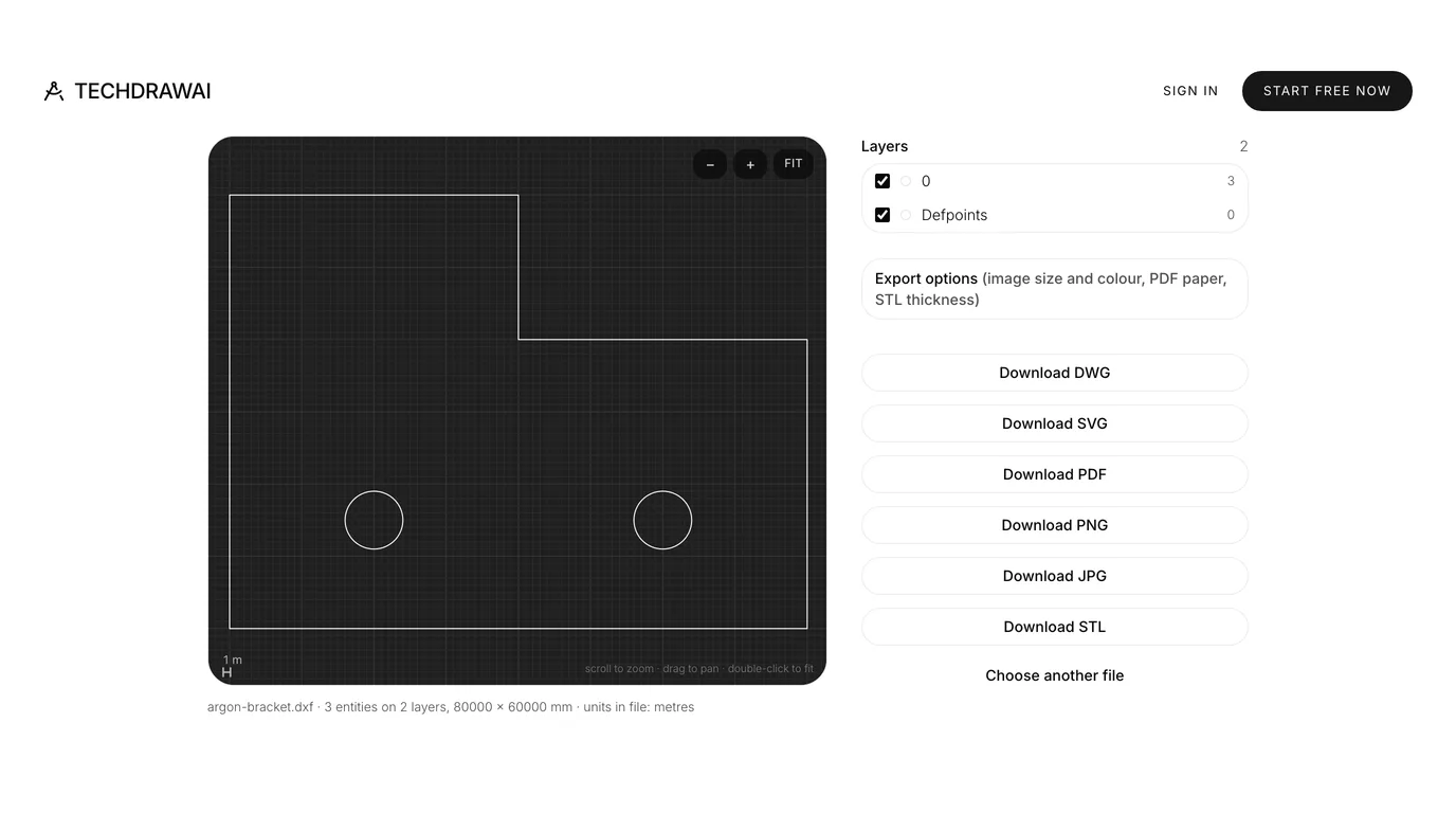 TechDraw AI's DXF viewer showing Gemini 4 Argon's L-bracket with two holes, and a status line reading argon-bracket.dxf, 3 entities on 2 layers, 80000 by 60000 mm, units in file: metres