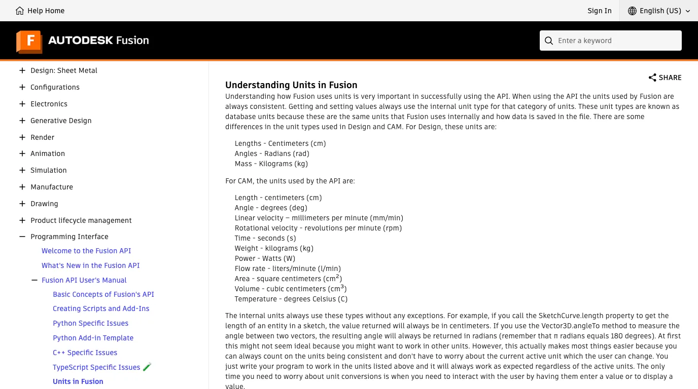 Autodesk's Understanding Units in Fusion page: getting and setting values always use the internal unit type; for Design, lengths are centimeters, angles radians and mass kilograms; the internal units always use these types without any exceptions