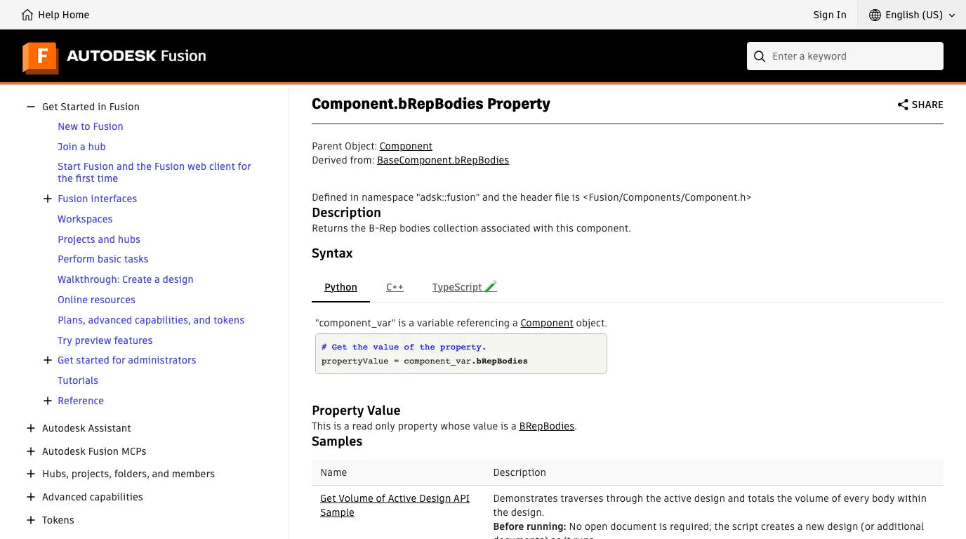 The Fusion API reference page Component.bRepBodies Property, with the Python syntax propertyValue = component_var.bRepBodies and a read only value of type BRepBodies