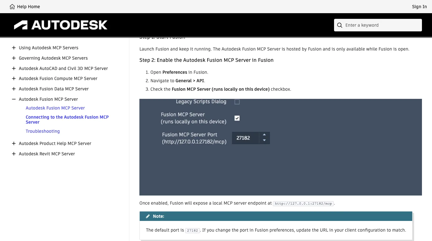 Autodesk's help page Connecting to the Autodesk Fusion MCP Server, showing Fusion's preference with the Fusion MCP Server checkbox ticked and the Fusion MCP Server Port field set to 27182, and the note that the default port is 27182