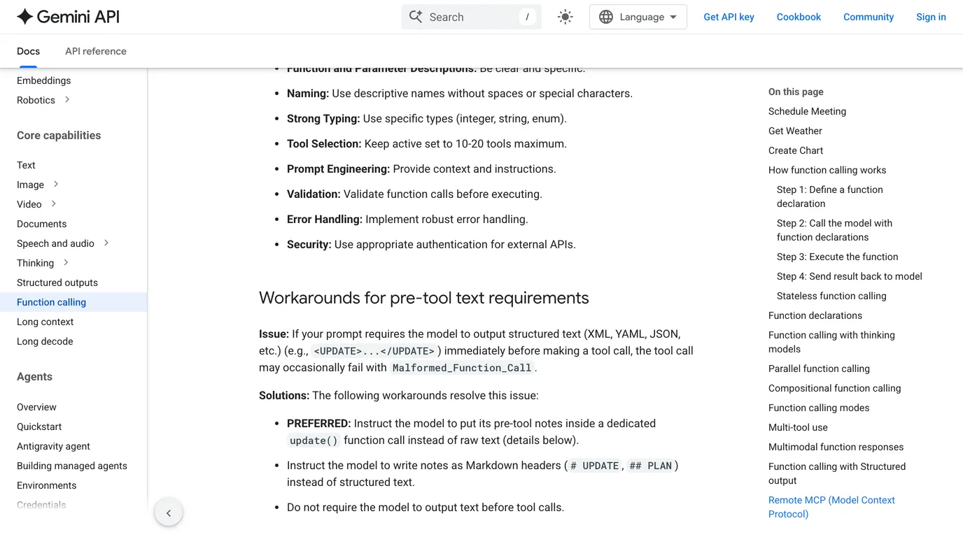 The best practices list on Google's Gemini API function calling page, including Tool Selection: Keep active set to 10-20 tools maximum