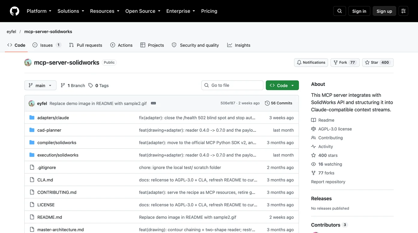 The GitHub page of eyfel/mcp-server-solidworks, with 400 stars, 77 forks, an AGPL-3.0 licence and folders for the Claude adapter, the CAD planner, the compiler and the SolidWorks execution layer