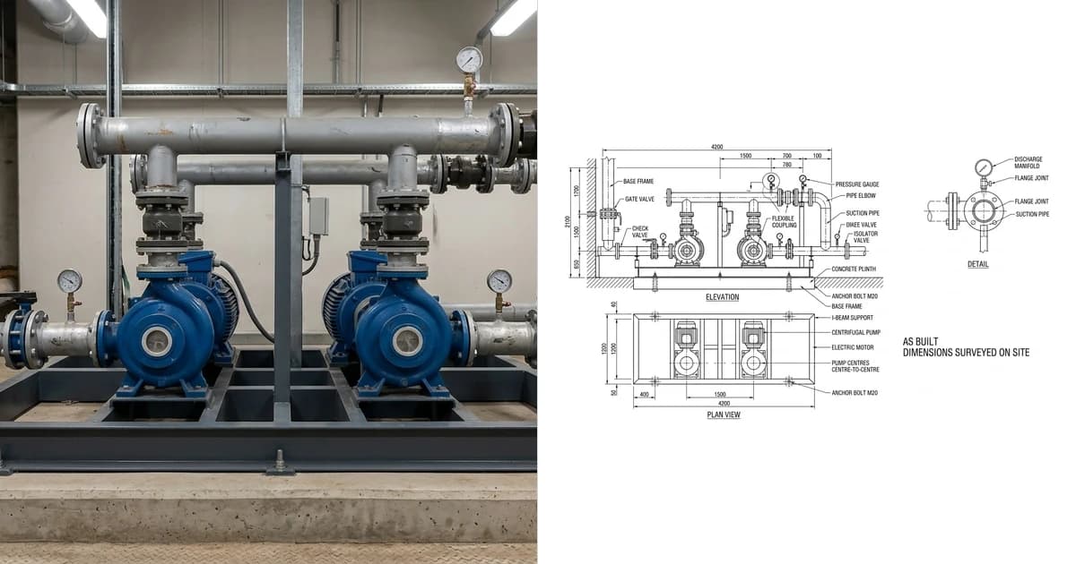 A photo of an installed duty and standby pump skid in a plant room on the left and the as-built drawing generated from it on the right, showing elevation, plan and detail with surveyed dimensions