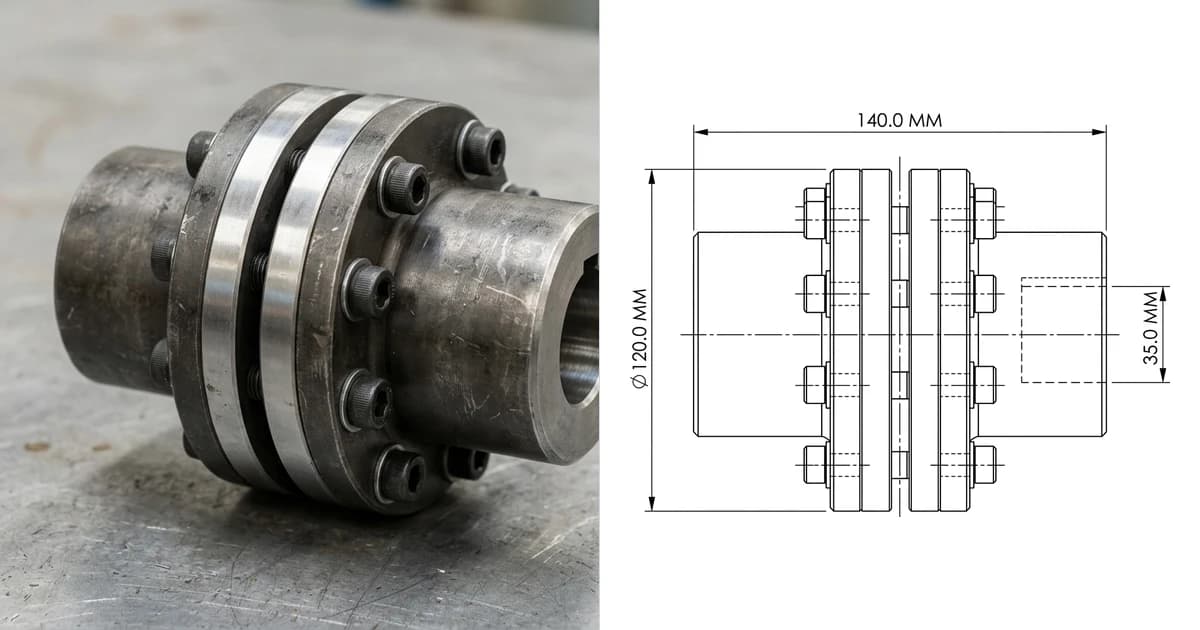 A photo of a rigid steel shaft coupling made of two bolted flanged hubs on the left and the assembly drawing produced from it on the right, showing a side elevation with the overall length, flange diameter and bore dimensioned