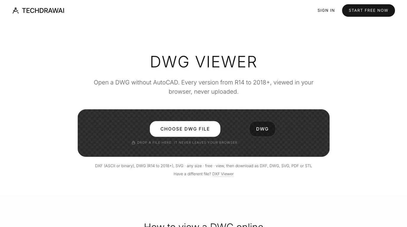 TechDraw AI's free DWG viewer tool, showing a drop zone for opening a DWG file directly in the browser