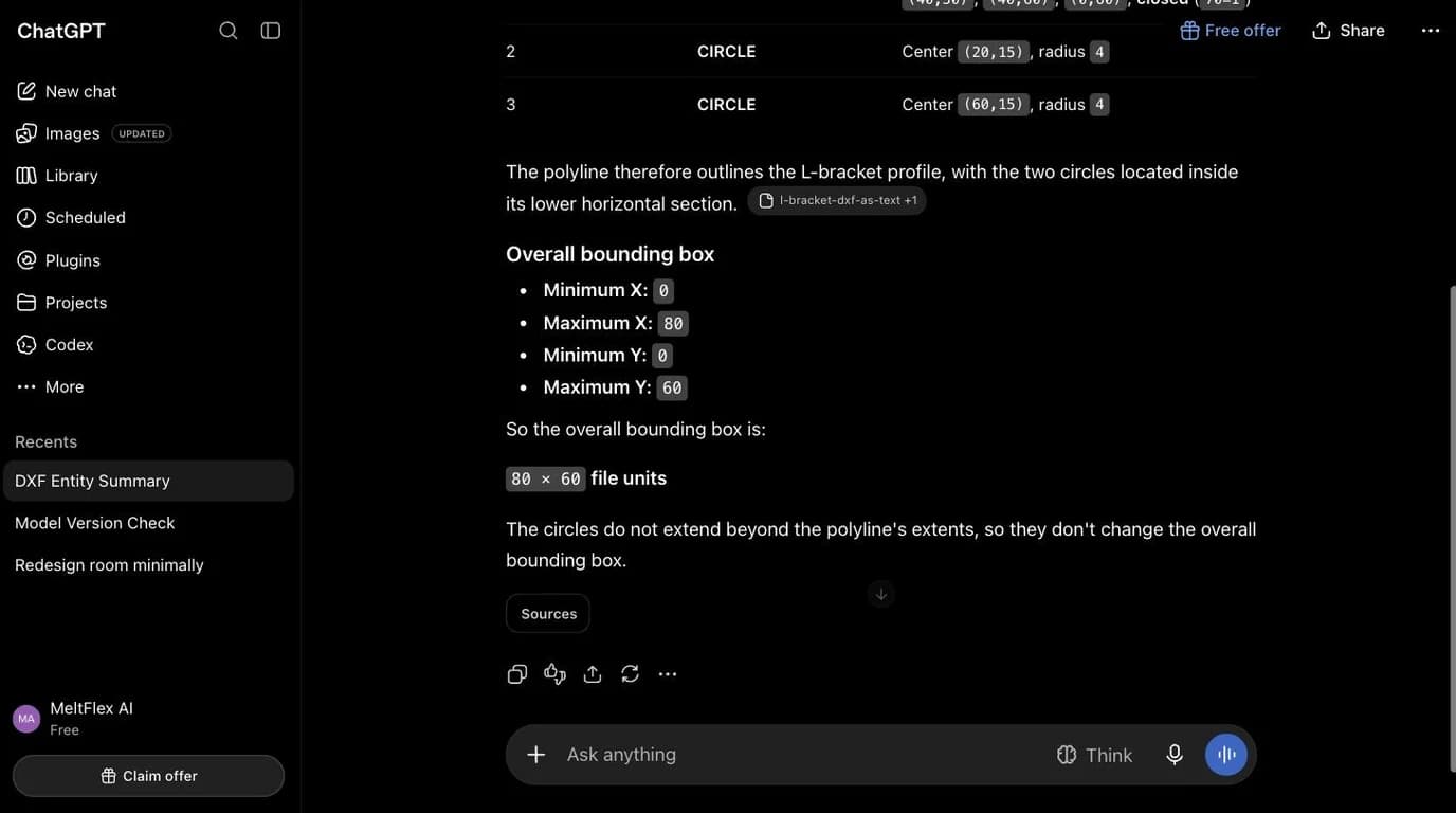 ChatGPT correctly listing DXF entities, their geometry, and computing an accurate 80 by 60 mm bounding box from an uploaded text file