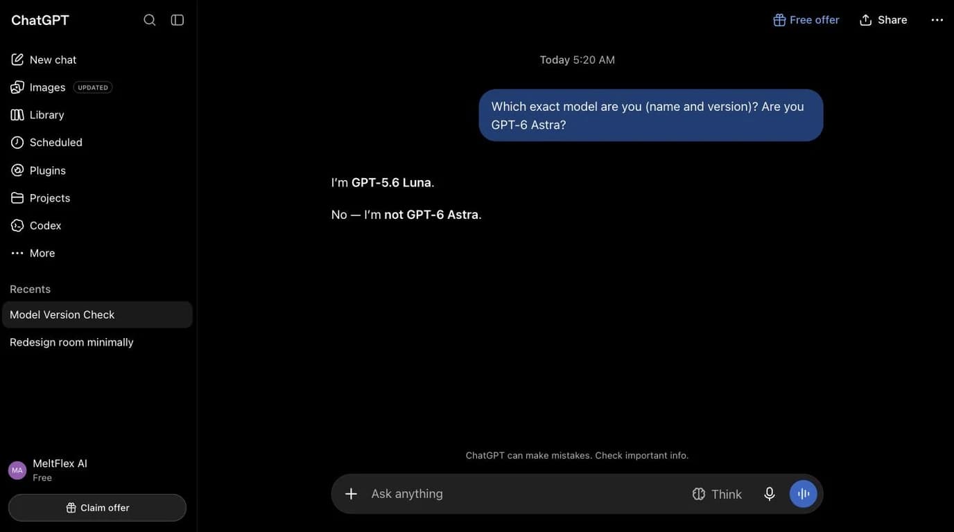 A ChatGPT conversation where the assistant answers that it is GPT-5.6 Luna and explicitly not GPT-6 Astra