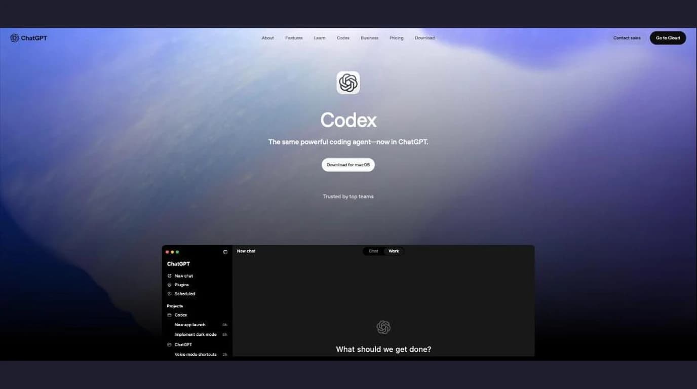 The Codex page on chatgpt.com, showing Codex as a coding agent available inside ChatGPT and as a macOS download