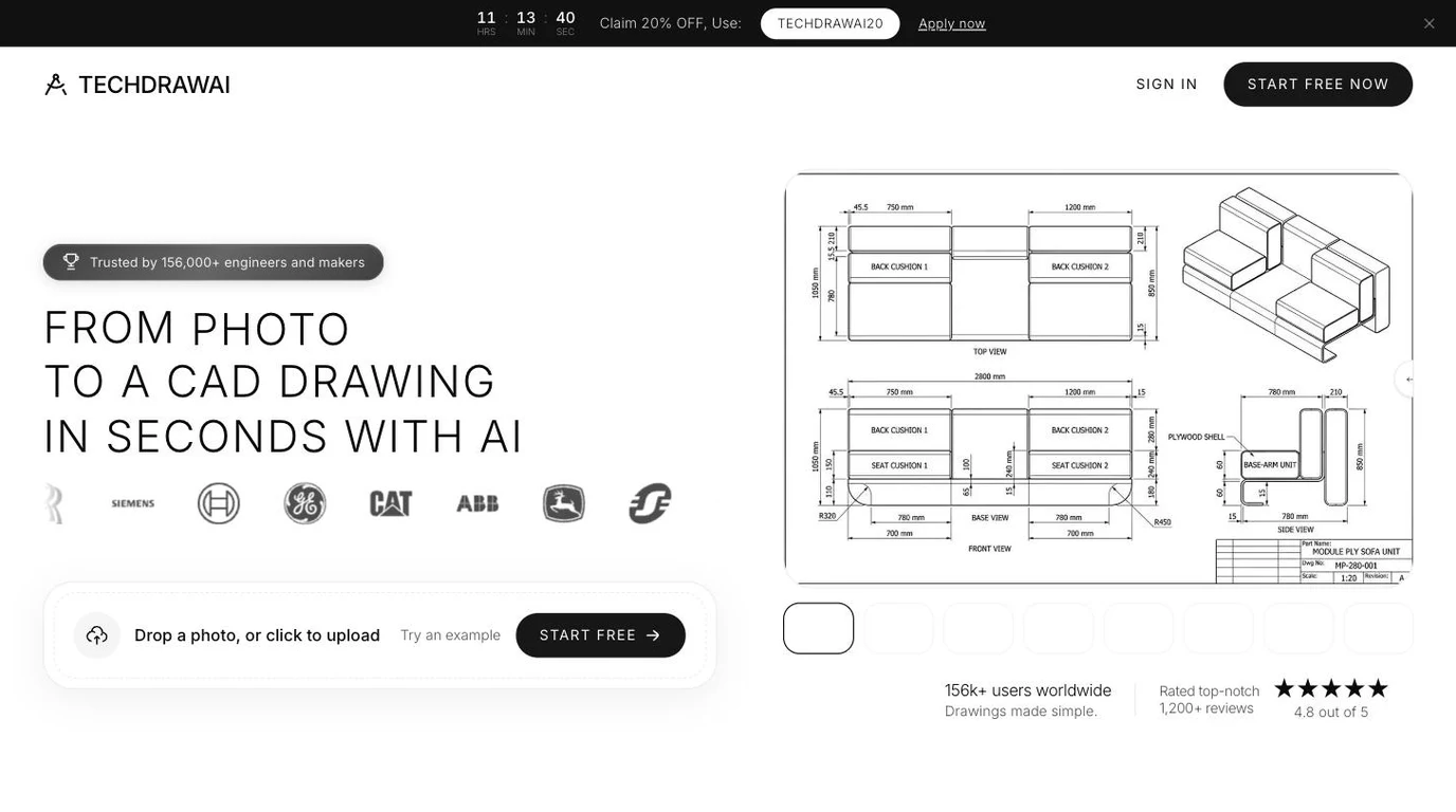 TechDraw AI turning a photo into a dimensioned CAD drawing, the measurement step no CAD benchmark covers
