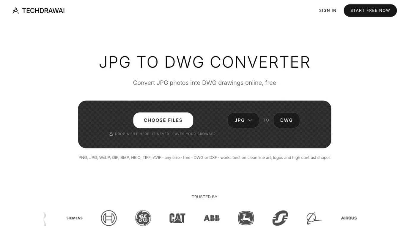 TechDraw AI's JPG to DWG converter tool, the working alternative for turning a photo into a dimensioned CAD file