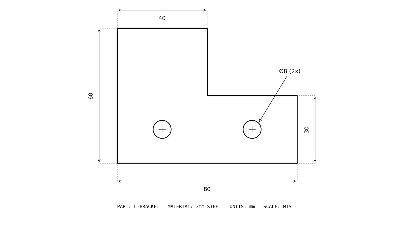 The dimensioned L-bracket test drawing used across our model tests: 80 by 60 mm outline, 40 mm step, two 8 mm holes