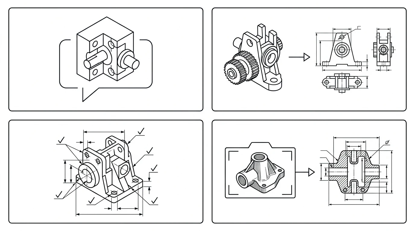 Four panels showing the four categories of AI drawing tools as line-art diagrams