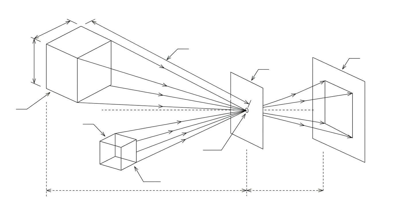 Optical diagram: a small cube near the camera and a large cube far away project the same size rectangle onto the image plane