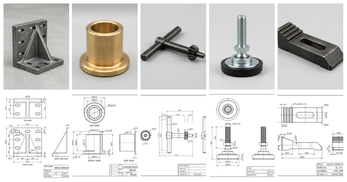 A montage: a top row of five real product photos, a cast-iron angle plate, a bronze flanged bushing, a T-handle chuck key, a machine leveling foot and a step toe clamp, above a bottom row of the matching 2D orthographic technical drawings