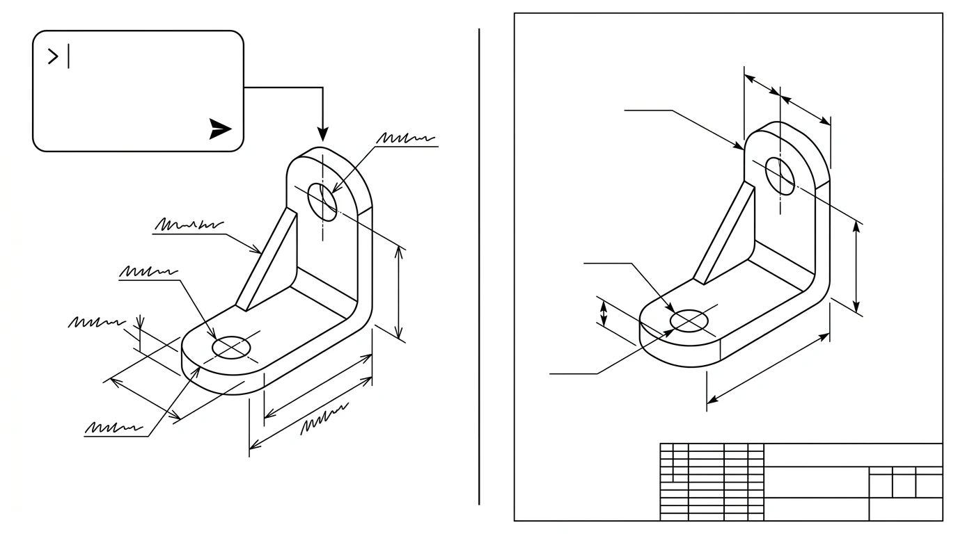 Left: an AI prompt box producing a drawing with meaningless squiggle dimensions. Right: a correct orthographic technical drawing of the same bracket