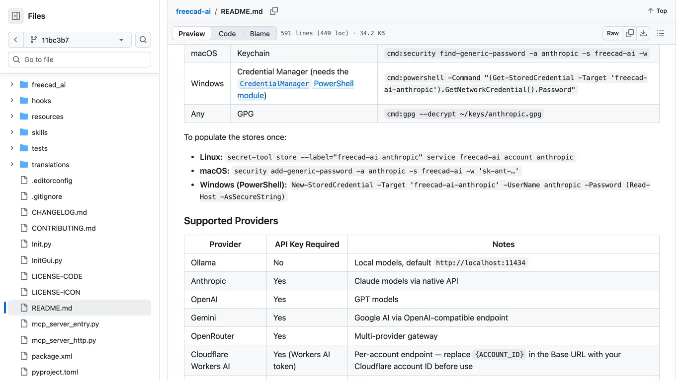 The freecad-ai README on GitHub at commit 11bc3b7: a table of secure key storage commands for macOS Keychain, Windows Credential Manager and GPG, then the Supported Providers table listing Ollama with no key, Anthropic, OpenAI with GPT models, Gemini, OpenRouter and Cloudflare Workers AI