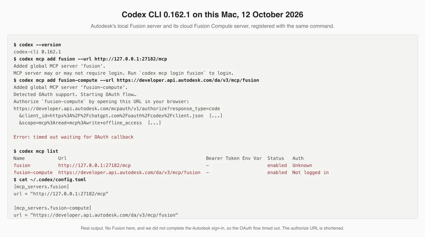 Terminal transcript: codex --version prints codex-cli 0.162.1. codex mcp add fusion --url http://127.0.0.1:27182/mcp prints Added global MCP server fusion and MCP server may or may not require login. codex mcp add fusion-compute with Autodesk's cloud URL prints Added, Detected OAuth support, Starting OAuth flow, an authorize URL on developer.api.autodesk.com with client_id chatgpt.com/oauth/codex/client.json and scope mcp:read mcp:write offline_access, then Error: timed out waiting for OAuth callback. codex mcp list shows fusion enabled with Auth Unknown and fusion-compute enabled with Auth Not logged in. The config.toml has two mcp_servers tables with a url each.