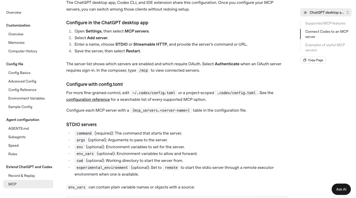 OpenAI's Model Context Protocol page for the ChatGPT desktop app: the desktop app, Codex CLI and IDE extension share this configuration; Configure in the ChatGPT desktop app: open Settings, then MCP servers, select Add server, enter a name, choose STDIO or Streamable HTTP and provide the server's command or URL, save the server, then select Restart; and /mcp in the composer to view connected servers