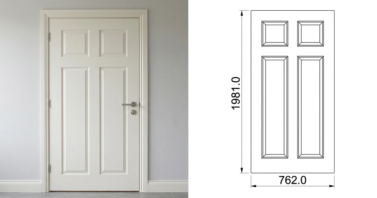 A photograph of a four panel interior door on the left and the same door as a dimensioned front elevation drawing on the right, showing the overall height and width