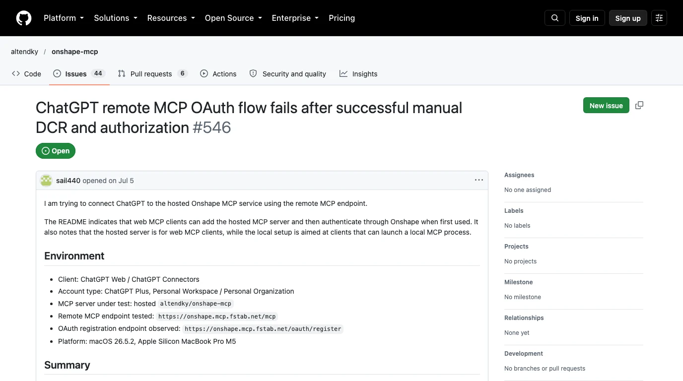 GitHub issue 546 on altendky/onshape-mcp, open since 5 July: ChatGPT remote MCP OAuth flow fails after successful manual DCR and authorization. The environment lists ChatGPT Web connectors, a ChatGPT Plus personal workspace, a hosted altendky onshape-mcp endpoint and its OAuth registration endpoint, on macOS.