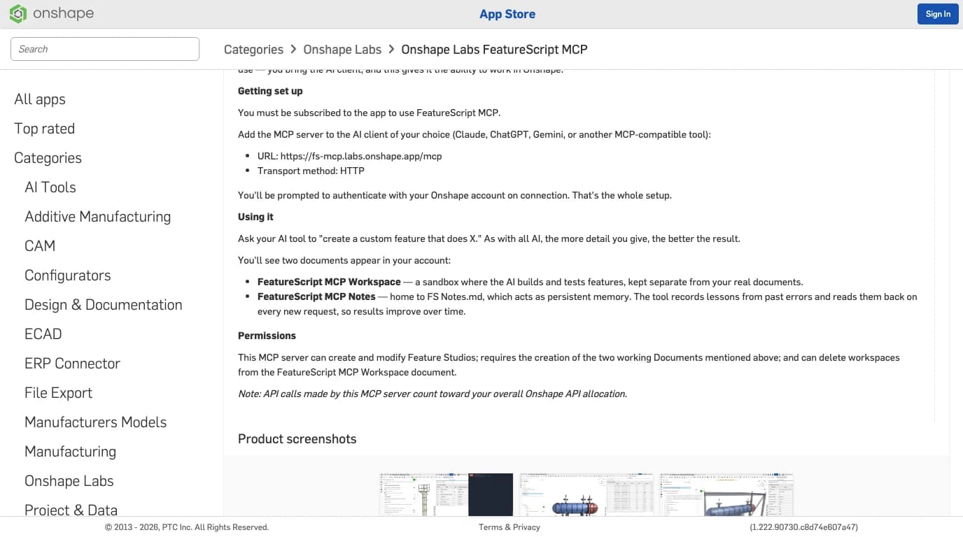 The Getting set up section of the Onshape App Store listing for Onshape Labs FeatureScript MCP: you must be subscribed to the app; add the MCP server to the AI client of your choice (Claude, ChatGPT, Gemini, or another MCP-compatible tool) with URL https://fs-mcp.labs.onshape.app/mcp and Transport method HTTP; you will be prompted to authenticate with your Onshape account; then the two documents it creates and its permissions, ending with the note that API calls count toward your overall Onshape API allocation