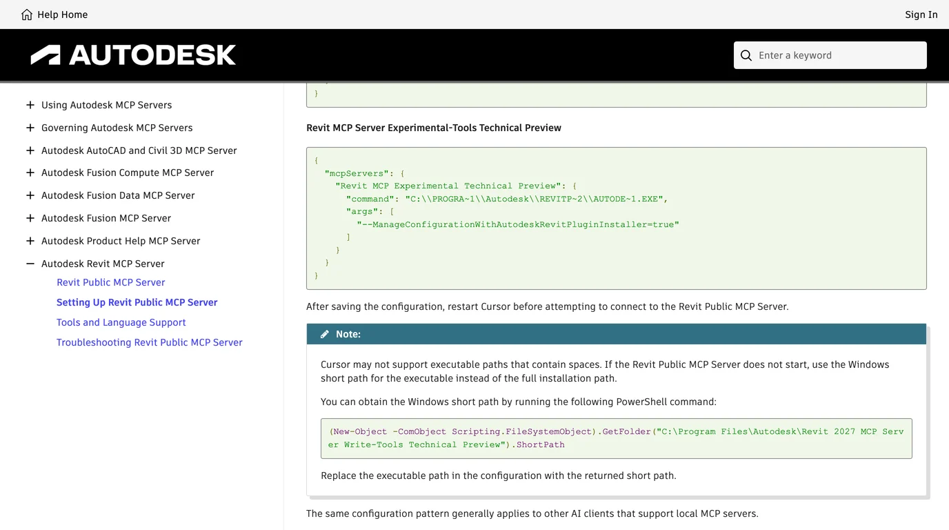 The end of Autodesk's setup page: the Cursor configuration for the Experimental-Tools server using a Windows short path, a note that Cursor may not support executable paths that contain spaces with a PowerShell command to get the short path, and the sentence that the same configuration pattern generally applies to other AI clients that support local MCP servers