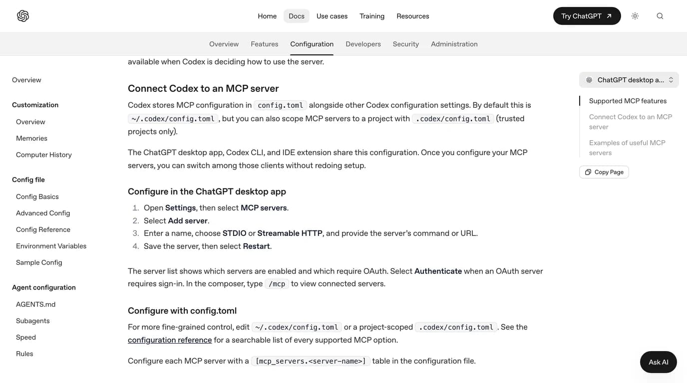 OpenAI's Model Context Protocol page for the ChatGPT desktop app: the desktop app, Codex CLI and IDE extension share config.toml; the four steps Settings, MCP servers, Add server, choose STDIO or Streamable HTTP, Save then Restart; and /mcp in the composer to view connected servers