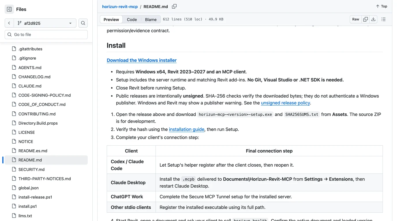 The Install section of the Horizun Revit MCP README on GitHub: requires Windows x64, Revit 2023 to 2027 and an MCP client; releases are intentionally unsigned; and a table of final connection steps for Codex / Claude Code, Claude Desktop, ChatGPT Work via Secure MCP Tunnel, and other stdio clients