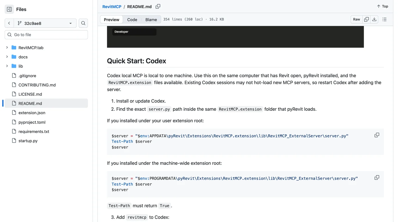The Quick Start: Codex section of the oakplank RevitMCP README on GitHub: Codex local MCP is local to one machine; install or update Codex; find the exact server.py path inside the RevitMCP.extension folder that pyRevit loads, with PowerShell lines that set $server and Test-Path it for the user and machine-wide extension roots