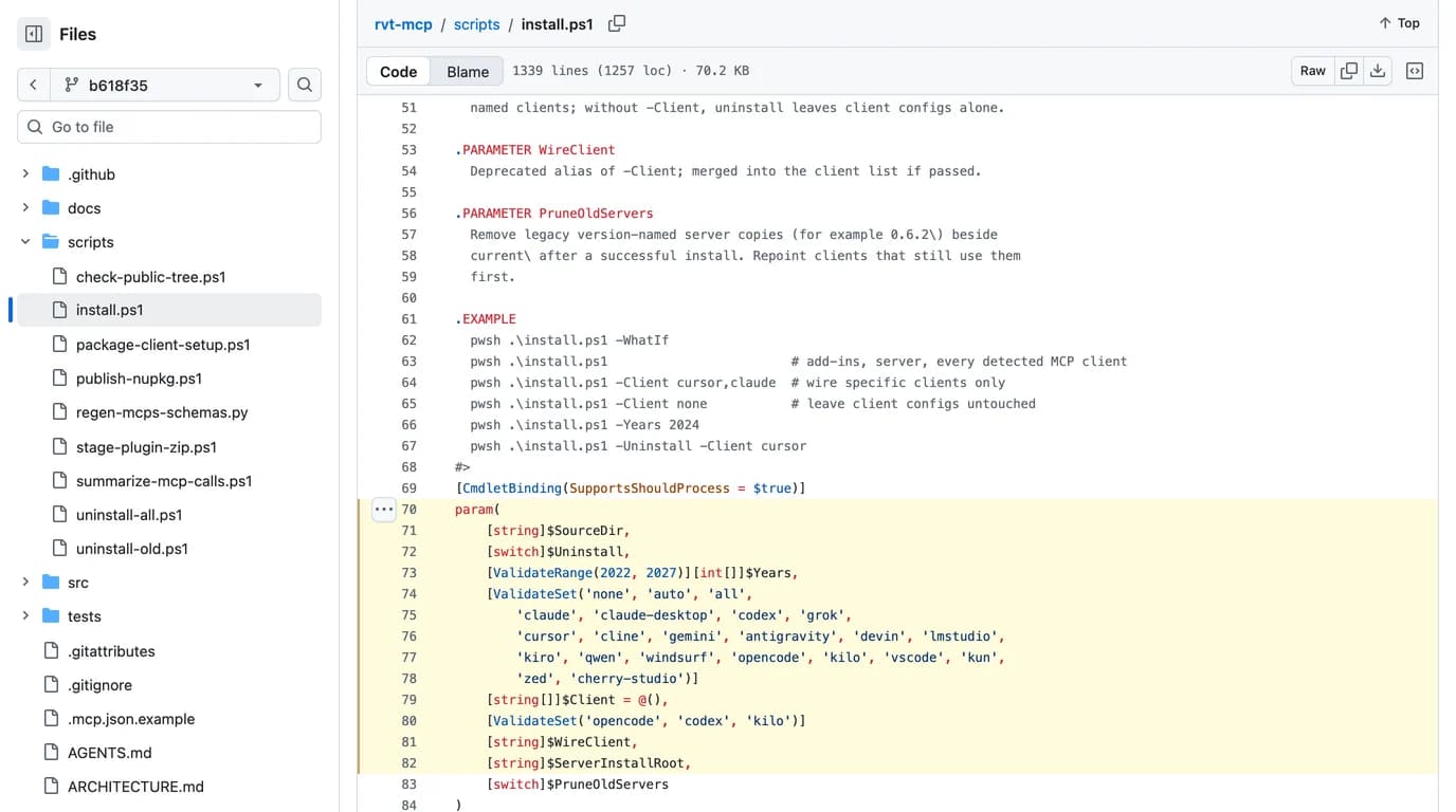Lines 51 to 84 of scripts/install.ps1 in bimwright/rvt-mcp on GitHub: the examples pwsh install.ps1 -Client cursor,claude and -Client none, then the param block with ValidateSet listing none, auto, all, claude, claude-desktop, codex, grok, cursor, cline, gemini, antigravity, devin, lmstudio, kiro, qwen, windsurf, opencode, kilo, vscode, kun, zed and cherry-studio