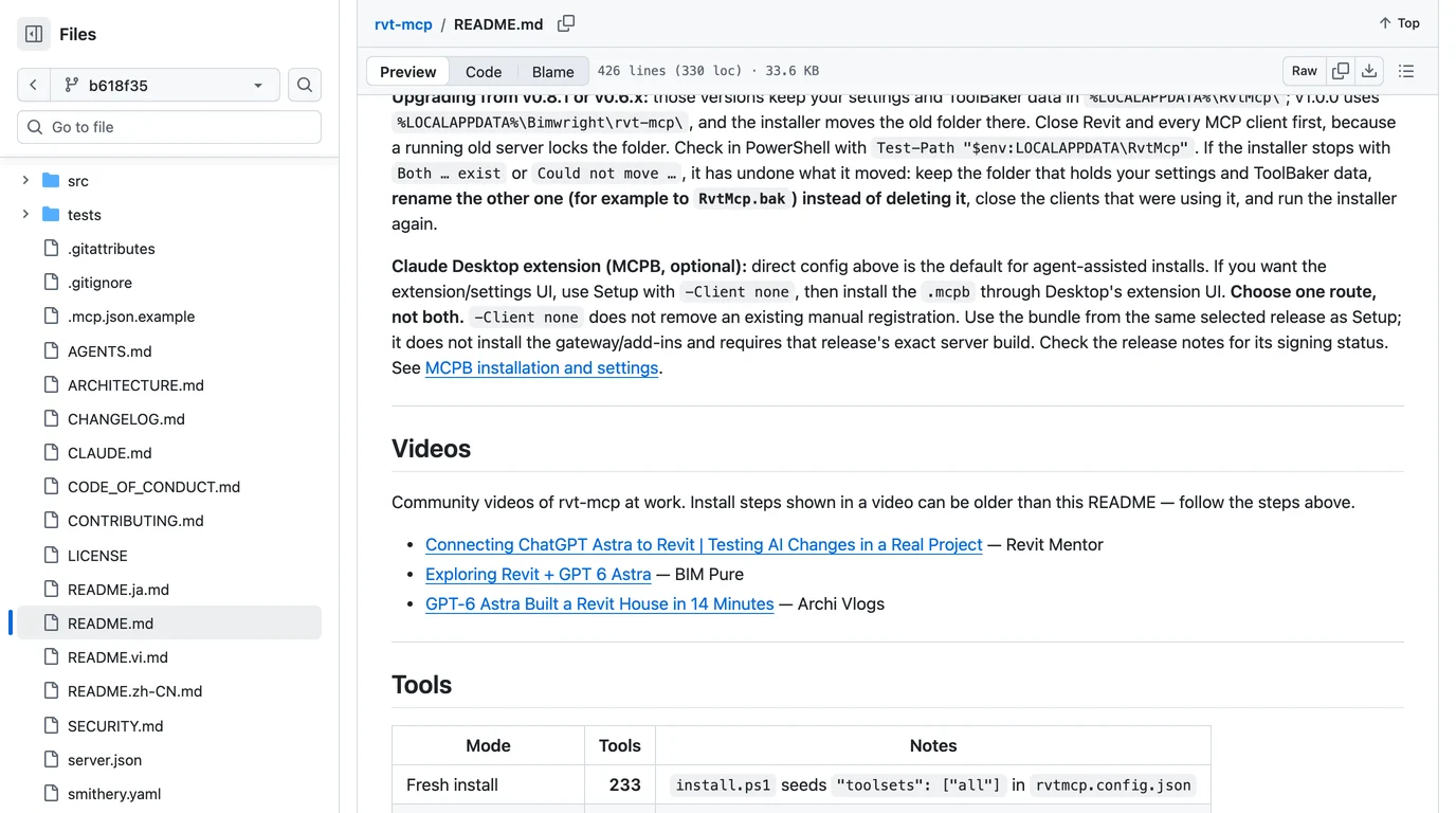 The Videos section of the rvt-mcp README on GitHub, listing three community videos: Connecting ChatGPT Astra to Revit by Revit Mentor, Exploring Revit + GPT 6 Astra by BIM Pure, and GPT-6 Astra Built a Revit House in 14 Minutes by Archi Vlogs, with a note that install steps shown in a video can be older than the README