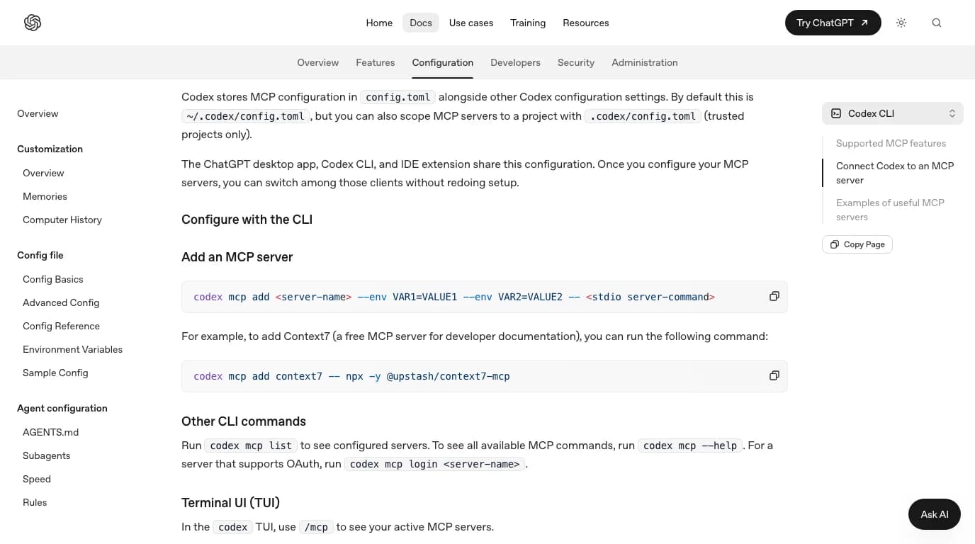 OpenAI's Codex MCP page: config.toml at ~/.codex/config.toml is shared by the ChatGPT desktop app, Codex CLI and IDE extension; the codex mcp add syntax with --env and a stdio server command; codex mcp list, codex mcp --help and codex mcp login; and /mcp in the terminal UI
