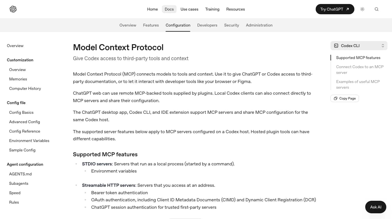 OpenAI's Model Context Protocol page for Codex CLI, stating that ChatGPT web uses remote MCP-backed tools supplied by plugins while local Codex clients connect directly to MCP servers, and that the ChatGPT desktop app, Codex CLI and IDE extension share MCP configuration