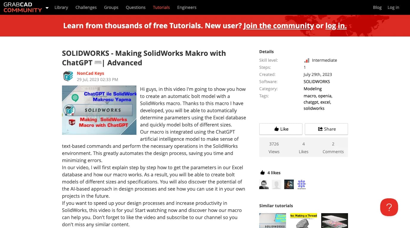A GrabCAD tutorial page titled SOLIDWORKS Making SolidWorks Makro with ChatGPT, Advanced, by NonCad Keys, dated 29 July 2023, describing an automatic bolt macro driven by an Excel database, with 3,726 views and 4 likes