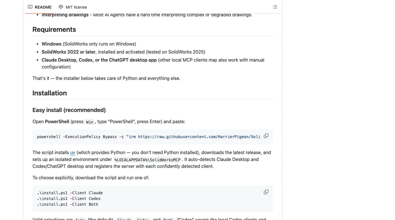 The Easy install section of the HarrierPigeon README: open PowerShell and paste a one-line command that downloads install.ps1 from raw.githubusercontent.com, with the explanation that the script installs uv, downloads the latest release and auto-detects Claude Desktop and Codex or ChatGPT desktop