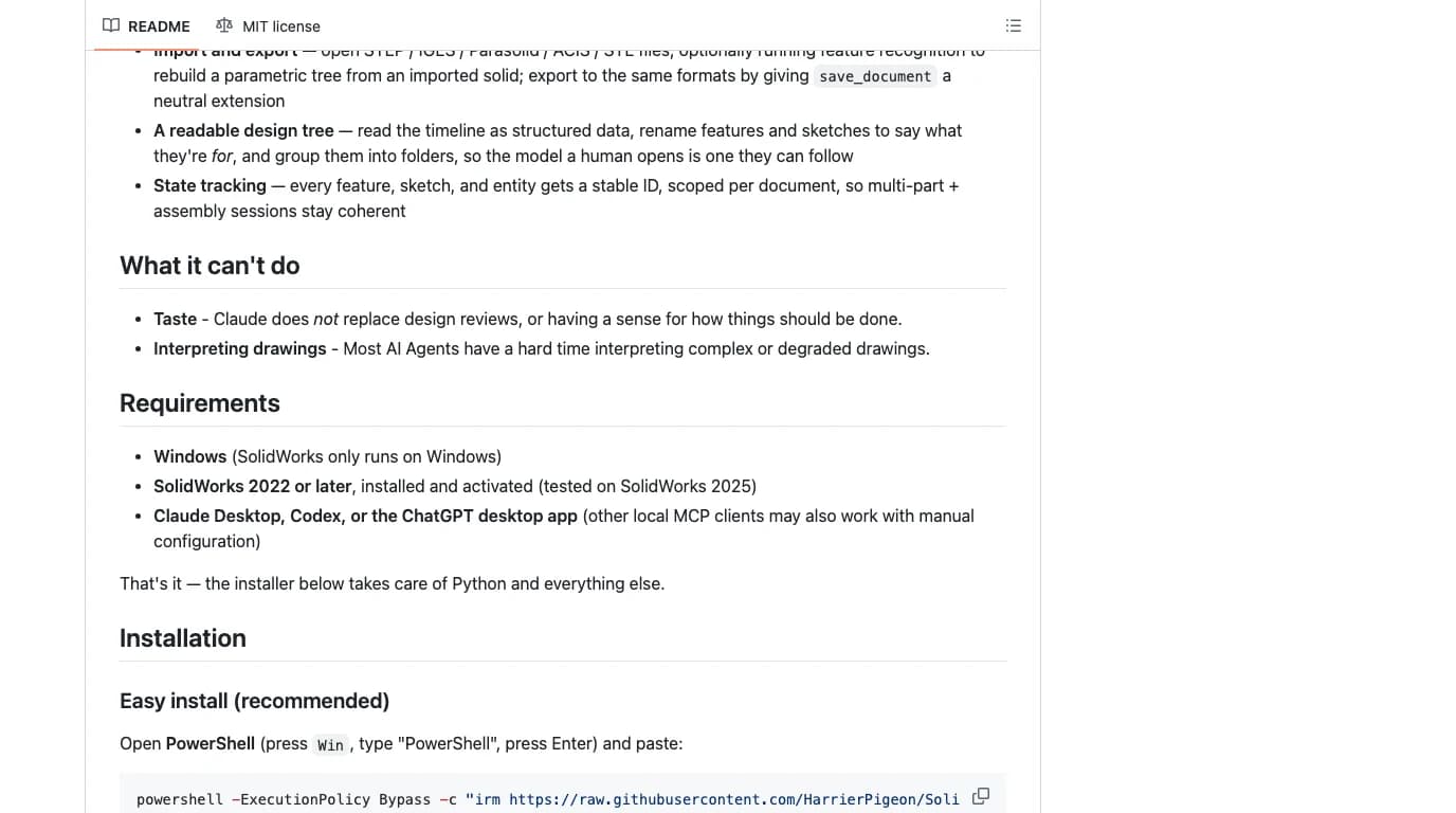 The Requirements section of the HarrierPigeon Solidworks-MCP-Server README on GitHub: Windows, SolidWorks 2022 or later tested on 2025, and Claude Desktop, Codex, or the ChatGPT desktop app, followed by the start of the Installation section